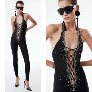 The New Arrivals by Ilkyaz Ozel Deep V Crystal Jumpsuit in Electric Black Sz 4